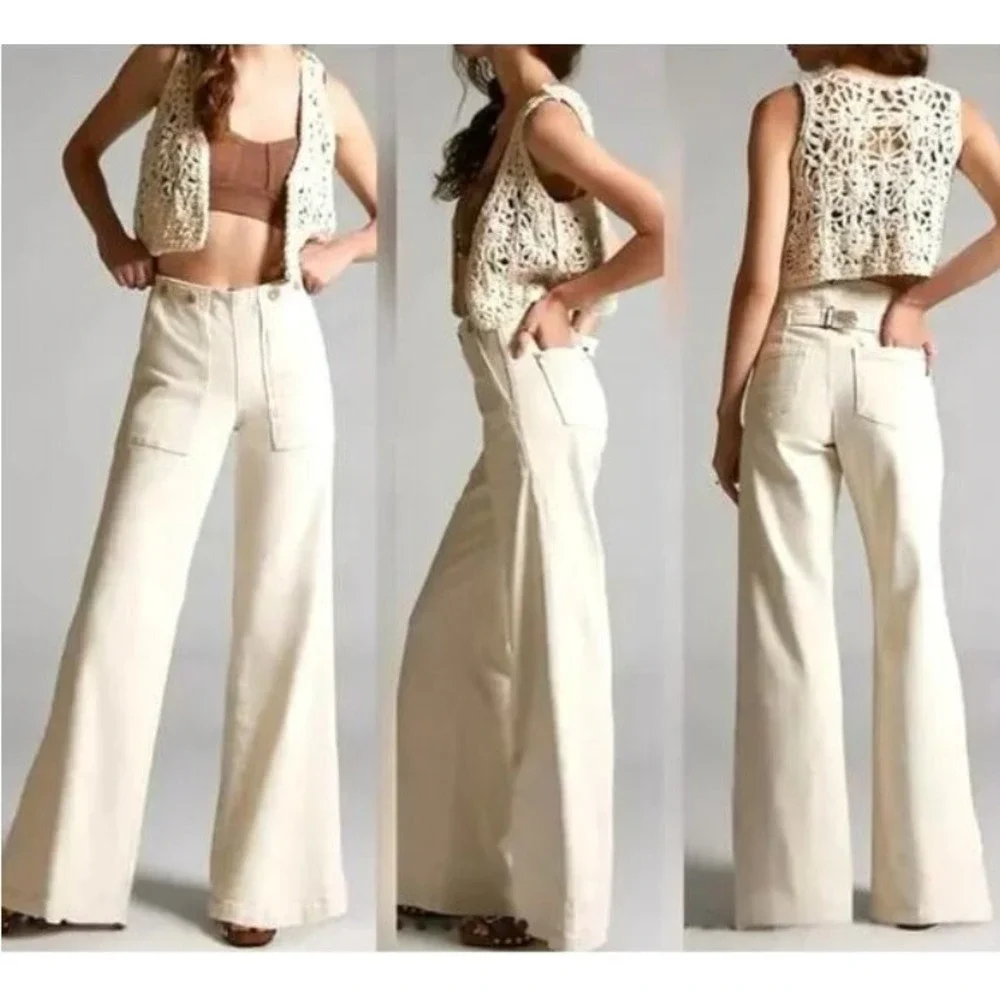 Pilcro The Kit High-Rise Wide-Leg Utility Trousers‎ Size 30T Cream Cinch Retro